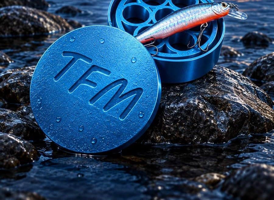 Мотокатушка TFM на мокрых камнях у озера: крышка с выдавленным логотипом и открытый корпус с воблером