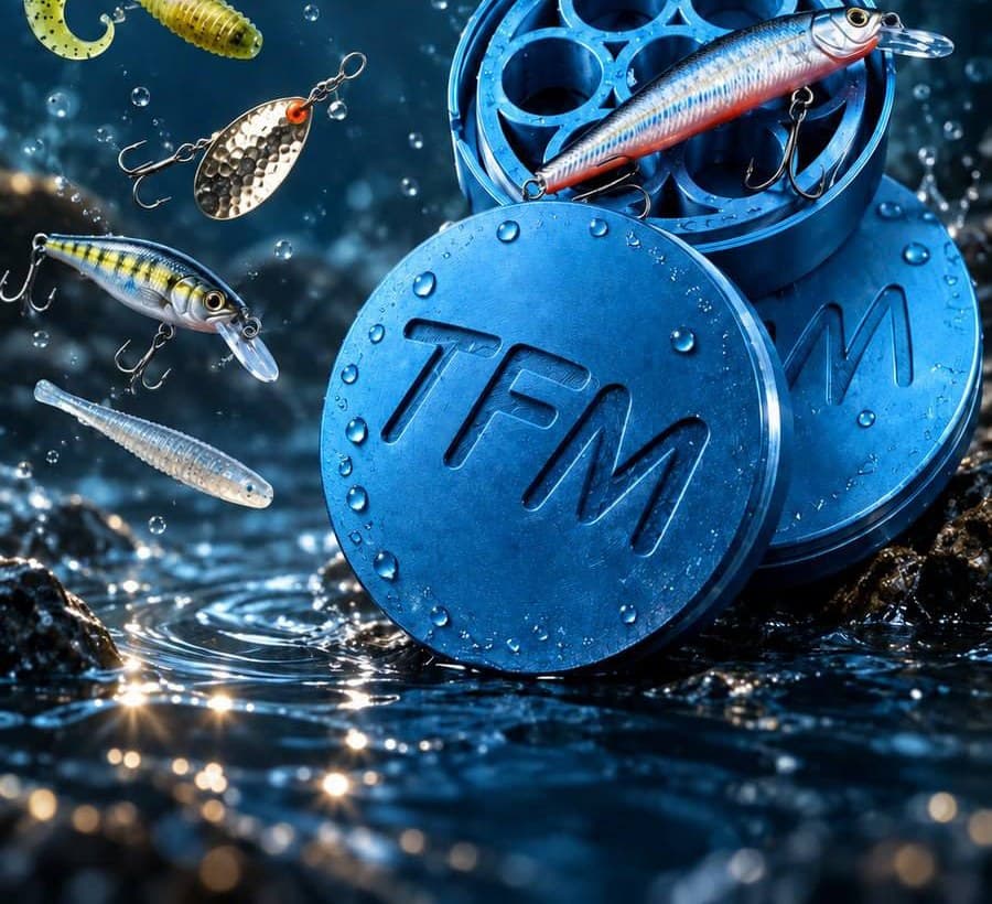 Приманки для спиннинга рядом с мотокатушкой TFM: твистер, блесна, воблеры, виброхвост